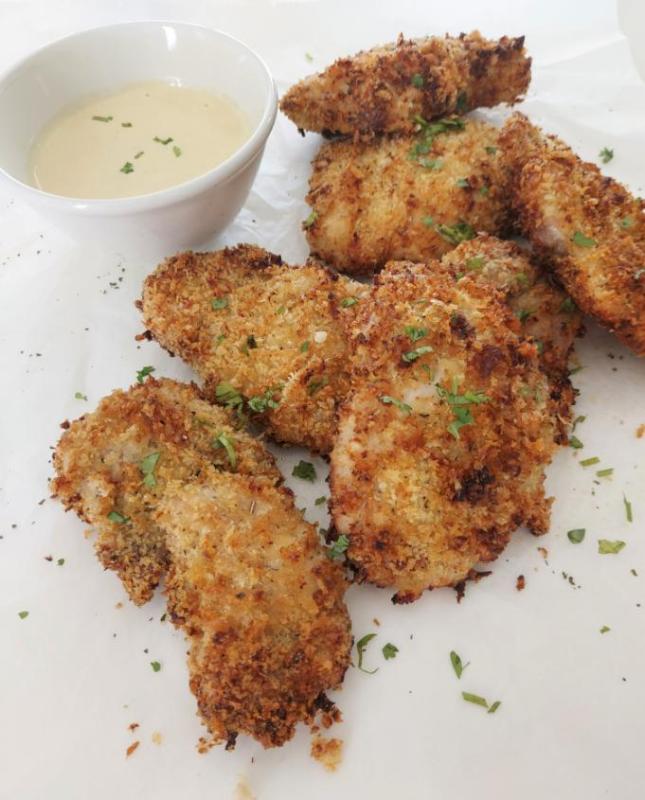 Chicken thighs breaded with panko breadcrumbs and mustard sauce