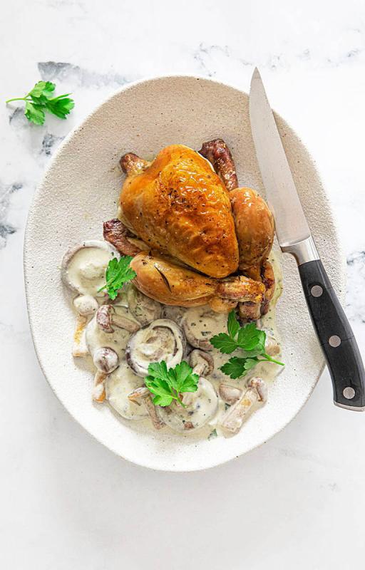  Corn Fed small Chicken served  with Forest Mushrooms sauce