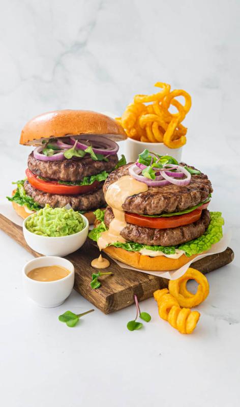  Irish Burger with Pivo Dolly beer sauce & avocado mash  on Brioche Bread served with curly potatoes  