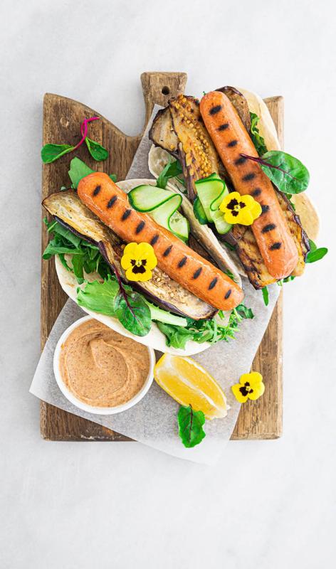  Vegan Sausages with Peanut sauce, served with grilled aubergine