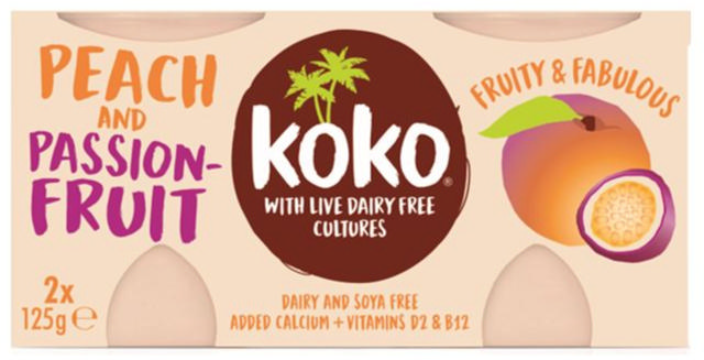 Koko Dairy Free Εναλλακτικό γιαούρτι με γεύση ροδάκινο & φρούτο του πάθους 2 x 125g