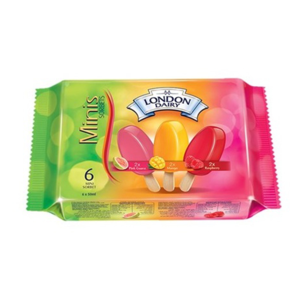 London Dairy Mini Sorbets (Mango+Raspberry+Pink Guava) 6x50ml London Dairy Mini Sorbets (Mango+Raspberry+Pink Guava) 6x50ml